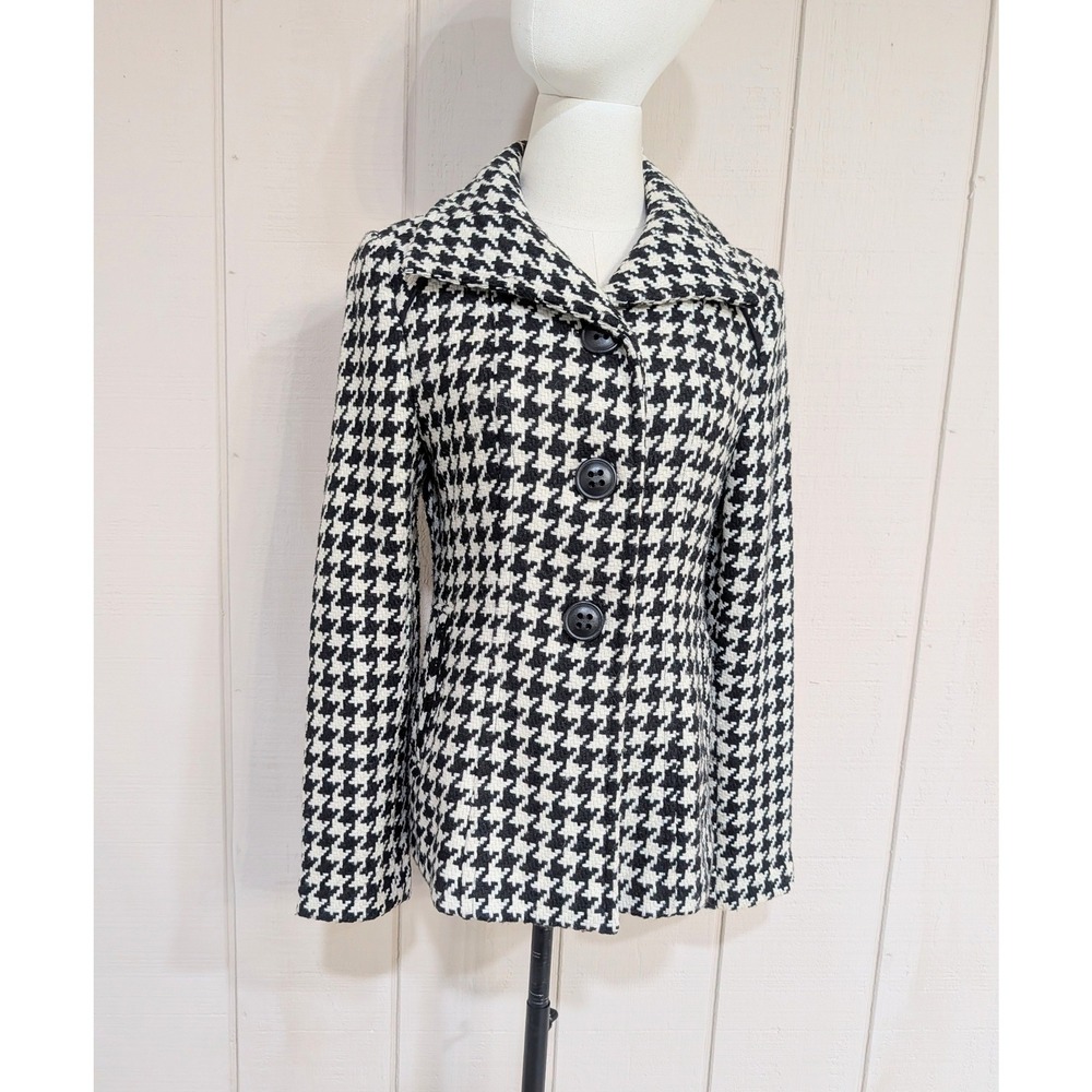 Vintage 90s Y2K Black Cream Houndstooth Wool Blend Pea Coat Jacket S Womens